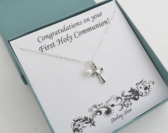 First Communion Gift for Girls, Cross and Pearl Necklace, sterling silver cross necklace, First communion necklace, Confirmation gift, MHD