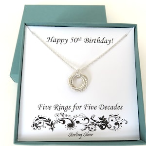 50th Birthday Gifts, Textured Sterling Silver Necklace, 50th Birthday Gift for Friend, Five Rings for Five Decades, MHD