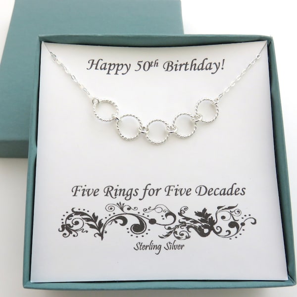 50th Birthday Gifts, Five Rings Necklace, Sterling Silver Necklace, 50th Birthday, 50th Anniversary, Birthday Gifts for Her