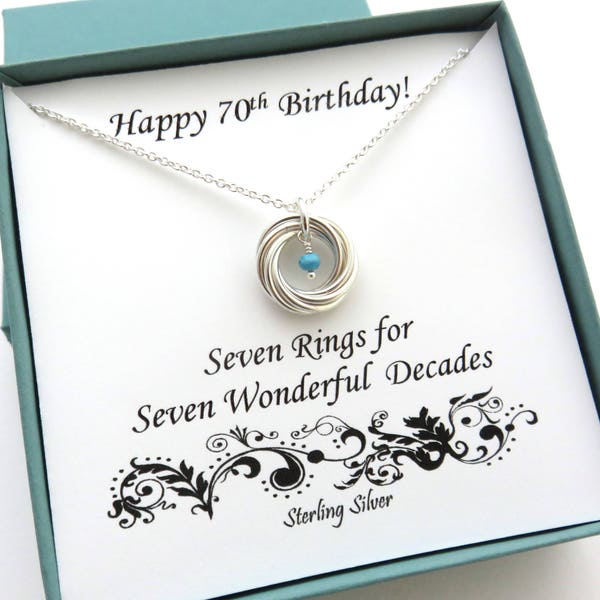 70th Birthday, Birthstone Necklace, 70th Birthday Gift for Mom, 7 Rings for 7 Decades, Sterling Silver Gemstone Necklace, 70th Anniversary
