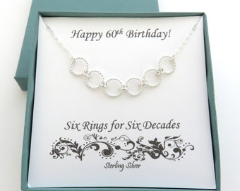 60th Birthday Gifts for Women, Six Rings Necklace, 60th Birthday, Sterling Silver Necklace, Six Rings for Six Decades, Birthday Gifts