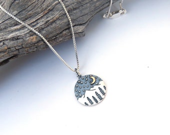 Moon and Star Necklace, Gift for Nature Lovers, Mountain and Trees Necklace, Outdoor Lover Jewelry, Nature Necklace