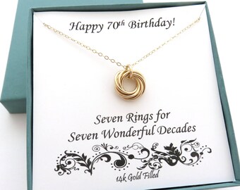 70th Birthday Gift, Gold Filled Necklace, 70th Birthday Gift for Women, 14k Gold Filled, 7 Gold Rings, 7th Anniversary Gift, Seven Rings,MHD