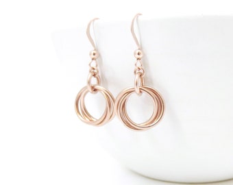 Rose Gold Earrings, Rose Gold Love Knot, Three Ring Earrings, Three circles, Love Knot Earrings, Simple Earrings, chainmaille flower