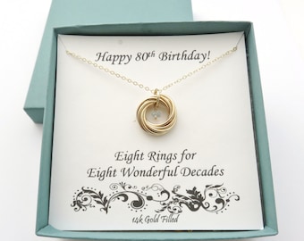 Gold Filled Eight Ring Necklace, 80th Birthday Gift, Birthstone Pendant