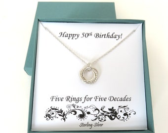 50th Birthday Gifts, Textured Sterling Silver Necklace, 50th Birthday Gift for Friend, Five Rings for Five Decades, MHD