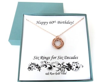 60th Birthday, Rose Gold Necklace, 60th Birthday Gift for Women, 14k Rose Gold Filled, Birthday Gifts, Six Rings Necklace, MarciaHDesigns