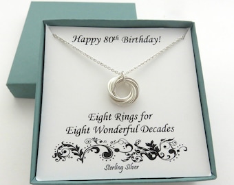 80th Birthday Gift, Sterling Silver Necklace, 80th Birthday, Eight Ring Necklace, Birthday Jewelry, 8th Anniversary, Birthday Gifts