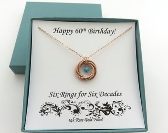 60th Birthday Gifts for Women, Rose Gold Necklace, 60th Birthday, Birthstone Necklace, Six Rings for Six Decades, Birthday Gift