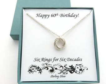 60th Birthday Gifts for Women, 60th Birthday, Sterling Silver Necklace, Small, 6th Anniversary, 60th Anniversary, Six Rings, 60th Birthday