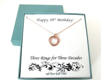 30th Birthday for Her, Rose Gold Necklace, 30th Birthday Gift for Women, Three Ring Necklace, 30th Birthday, 30th Anniversary Gift