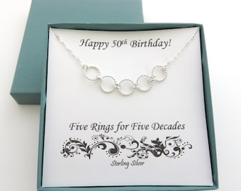 50th Birthday Gifts, Five Rings Necklace, Sterling Silver Necklace, 50th Birthday, 50th Anniversary, Birthday Gifts for Her