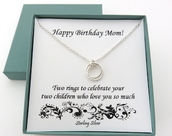 Birthday Gifts for Mom, Mother Birthday Necklace, 20th birthday gift, 2 rings, Mother Children, 2 children, Sterling Silver,Necklace for Mom