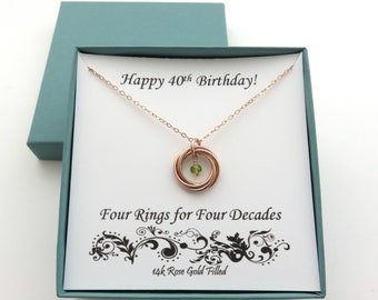 40th Birthday Gifts for Women, Rose Gold Necklace, 40th Birthday Gift, Birthstone Necklace, Four Rings Necklace, Birthday Gifts