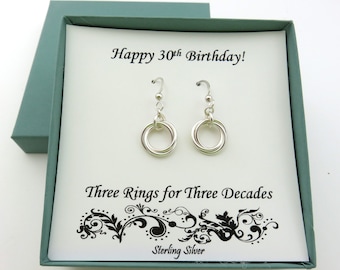 30th Birthday Gift for Women, Sterling Silver Earrings, 30th Birthday Gifts, Three Ring Earrings, 30th Birthday Earrings
