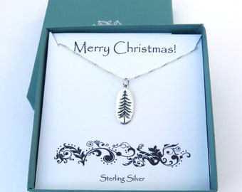 Christmas Tree Necklace, Personalized message, Gift for hiker, nature lover, pine tree, nature gift, sterling silver, tall trees, oval