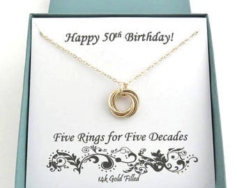 50th Birthday Gift for Women, 14k Gold Necklace, 50th Birthday, 50th Anniversary Gift, Gold Ring Necklace, small pendant, Birthday Gifts