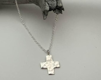 Silver Cross Necklace, small cross, hammered texture, sterling silver, cross pendant, hammered silver cross, cross necklace, mhd