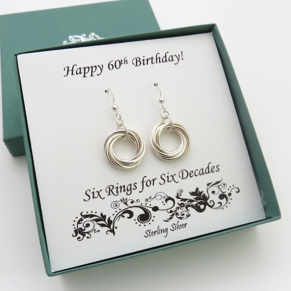 60th Birthday Gift for Women, Sterling Silver Earrings, Gift for 60th Birthday, 6th Anniversary, 60th Birthday Earrings, Six Rings