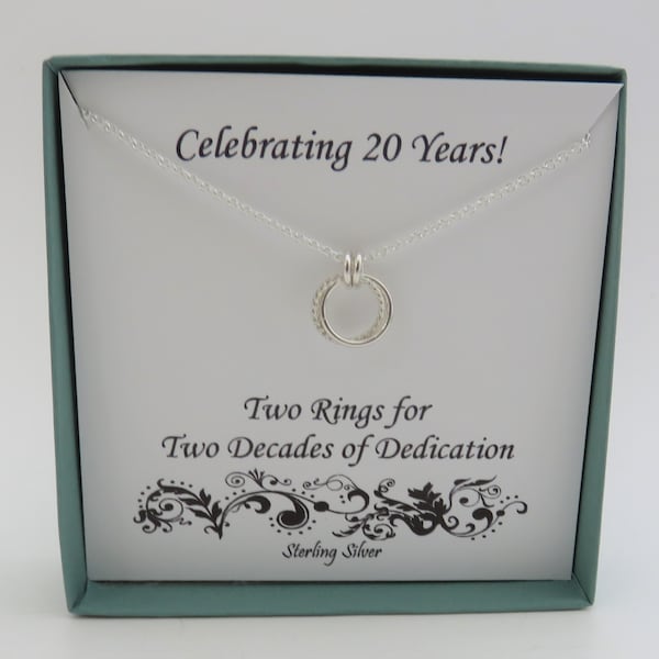 20 Year Work Anniversary Gift, 20th job anniversary, 20th work anniversary, 20th birthday, sterling silver, 2 rings, 2 circles, 2 friends