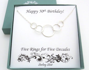 50th Birthday Gift for Women, 5 Circles Necklace, 5th Anniversary Gift, Sterling Silver Necklace, 50th Anniversary, 50th Birthday Gifts