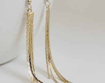 Long Gold Tassel Earrings, graduated, 5 strand, tapered, gold filled ear wire, snake chain, gift for girlfriend, long earrings, bright gold
