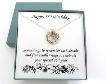 75th Birthday Gift, Silver & Gold Birthstone Necklace, 75th Birthday, Mixed Metals Necklace, 75th Anniversary