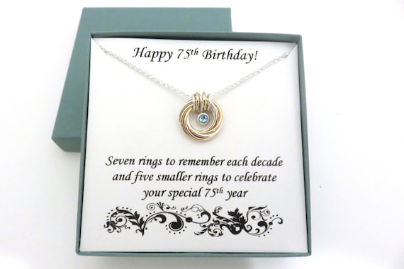 75th Birthday Gift, Silver & Gold Birthstone Necklace, 75th