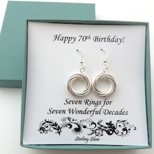 May include: Sterling silver earrings with seven rings, presented in a gift box with the text "Happy 70th Birthday!" and "Seven Rings for Seven Wonderful Decades".