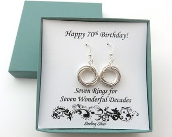 70th Birthday Gift for Women, Sterling Silver Earrings, Gift for 70th Birthday, 7th Anniversary, 70th Birthday Earrings, Seven Rings