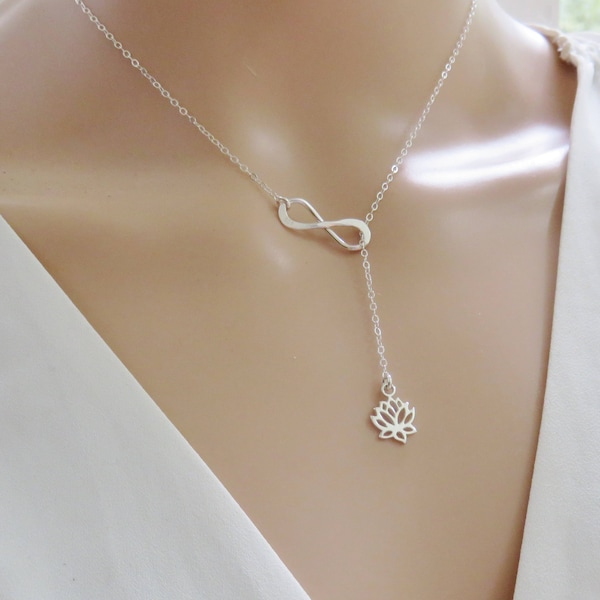 Infinity Lotus Lariat Necklace, Sterling Silver Lariat Necklace, Silver Y Necklace, Silver Infinity Necklace, Lariat Lotus Necklace, MHD