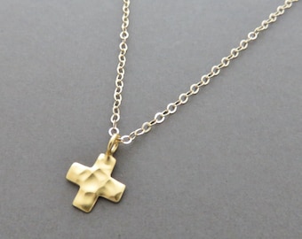 Gold Cross Necklace, tiny gold cross, small gold cross, hammered gold cross, vermeil pendant, layering necklace, 14k gold filled chain