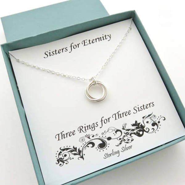 Sister Gift, Three Sisters Necklace, 3 Sisters Gift, Sterling Silver Ring Necklace, Three Ring Necklace, Silver Sister Necklace, MHD