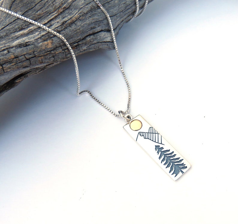 Vertical Nature Necklace, Hiker, Mountain Necklace, Gift for Nature Lover, Sterling Silver, Tree Necklace, rectangle, Outdoor Lover Gift image 1