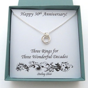 30th Anniversary Gift, Job Anniversary, 30 years job, 30 years work, love knot necklace, sterling silver,3 rings for 3 decades,30th birthday