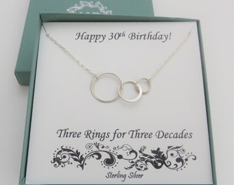 30th Birthday Gift for Her, 3 rings, 3 circles, 30th anniversary, 3rd anniversary, sterling silver, 3 sisters, 3 bridesmaids, 3 best friends