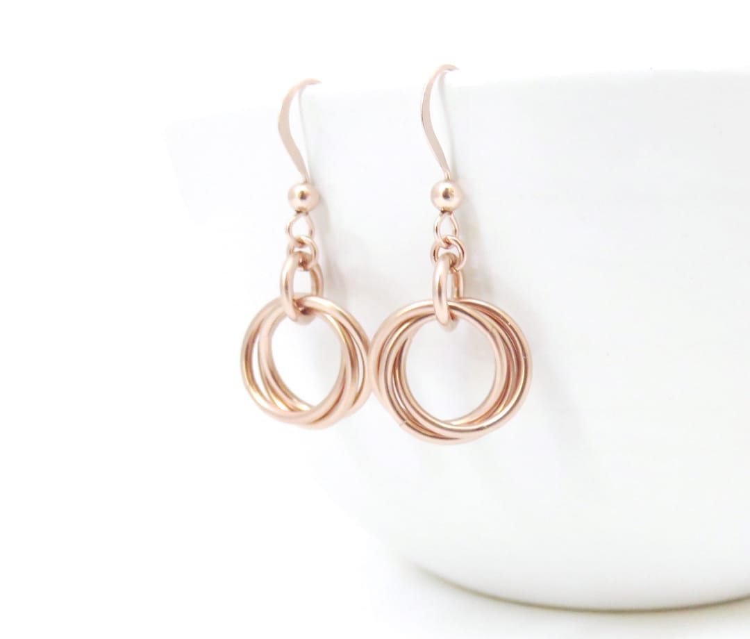 Rose Gold Earrings, Rose Gold Love Knot, Three Ring Earrings, Three ...