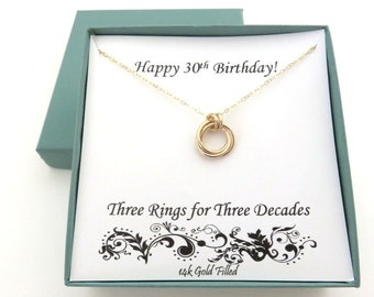 30th Birthday, Gold Birthday Necklace, 30th Birthday Ideas, 30th Birthday Gift for Her, Love knot Necklace, Birthday Jewelry, Three Rings