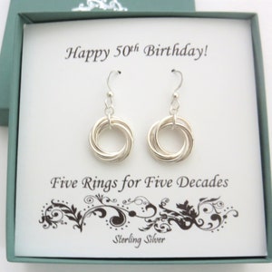 50th Birthday Gift, 5 Ring Earrings, Sterling Silver Earrings, Love Knot Earrings