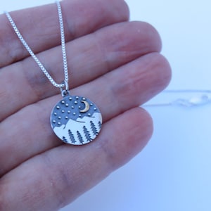 Mountain trees moon stars necklace, camping, outdoors, sterling silver, crescent moon, nature, sterling silver, camping in the mountains