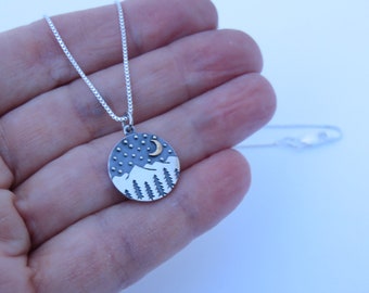 Mountain trees moon stars necklace, camping, outdoors, sterling silver, crescent moon, nature, sterling silver, camping in the mountains