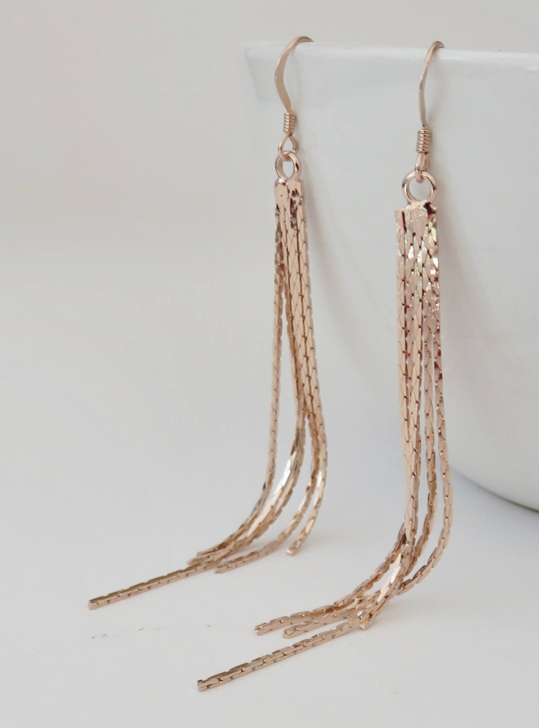 Rose Gold Tassel Earrings, Tassel Earrings, Fringe Earrings, Long Rose