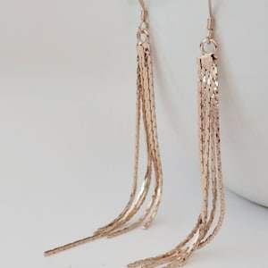 Rose Gold Tassel Earrings, tassel earrings, fringe earrings, long rose gold earrings, modern, 5 strand,snake chain, long earrings,rose gold