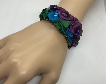 Sari Silk, Amethyst, Turquoise And Chrome Diopside Beaded Bracelet