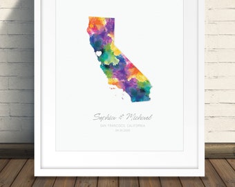 Watercolor Map Unframed Print, Wedding or Anniversary Gift, Custom Artwork includes Couples Names, City and State, and Established Date.