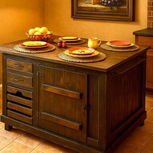 Kitchen Island, Kitchen Island Designs, Modern Kitchen Design. Distressed black Kitchen Island with storage and a nice size bookshelf
