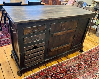 Kitchen Island, Our latest design is here. Distressed black Kitchen Island with storage and a nice size bookshelf