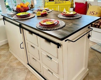 Kitchen Island, Kitchen Island with storage. Beautiful Sliding Barn Door Industrial Farmhouse, Solid Wood Kitchen Island.