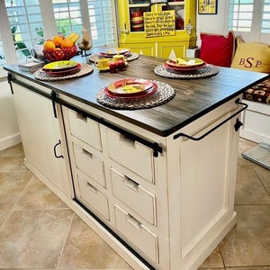 Kitchen island designs, Kitchen Island, Kitchen Island with storage. Beautiful Sliding Barn Door Industrial, Farmhouse, Wood Kitchen Island.