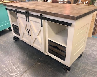 Solid Wood Sliding Barn Door Farmhouse Industrial Kitchen Island